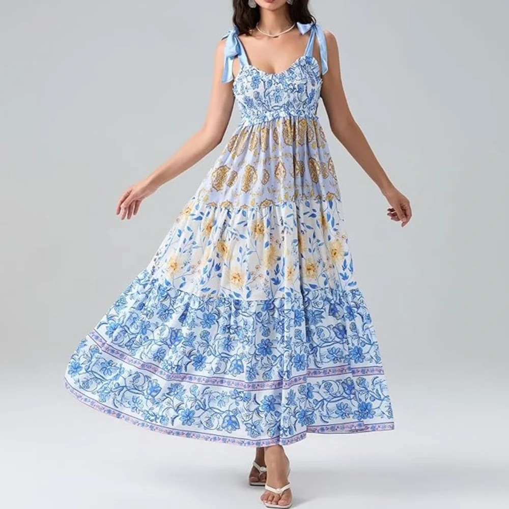 Floral Blue and White, Tie Shoulder Maxi Dress w/ pockets, Size Small - Picture 11 of 11